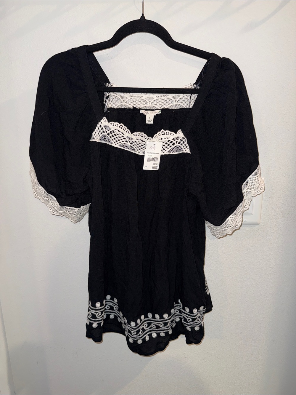 Cato Black Peasant Top with White Crochet & Embroidery